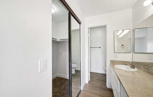 a bathroom with a sink and closet with a mirror