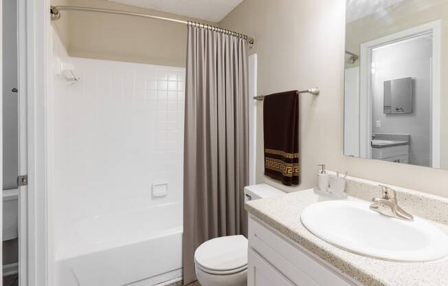 a bathroom with a shower toilet and sink