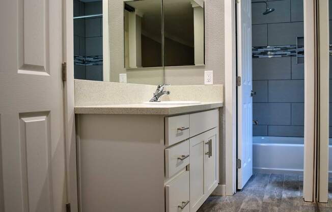 Bathroom vanity looking into the shower