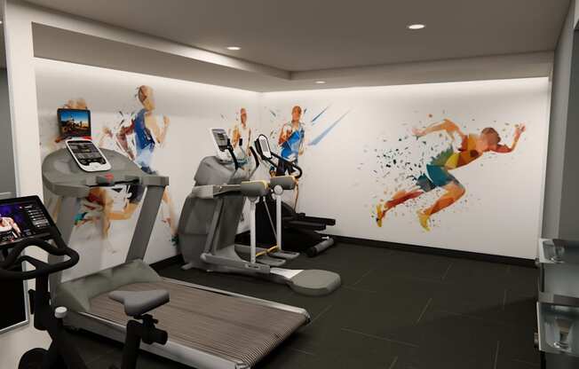 A gym with treadmills and exercise bikes.