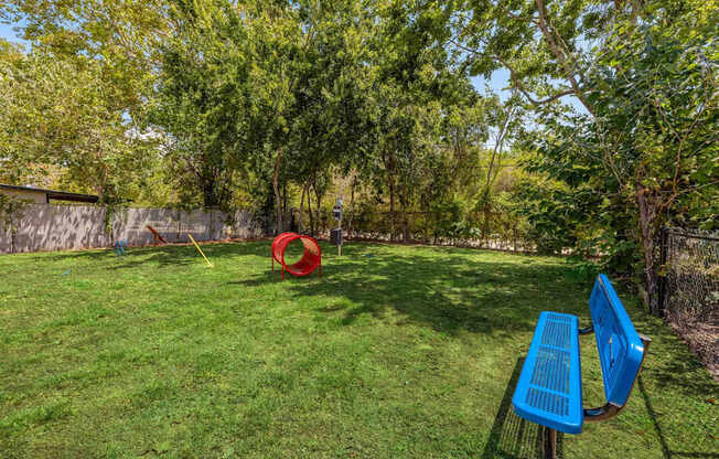 A red and blue picnic table sits in a grassy yard.