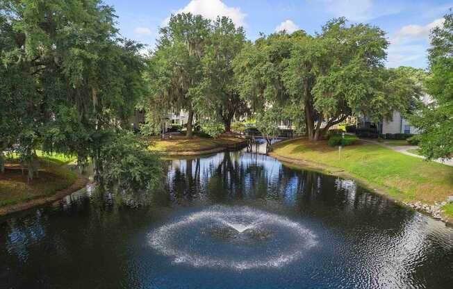 A fountain in the middle of a pond surrounded by trees.