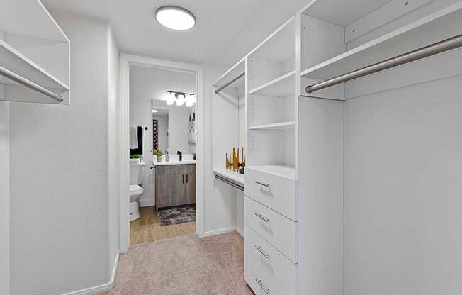 A white walk-in closet with shelves and drawers.