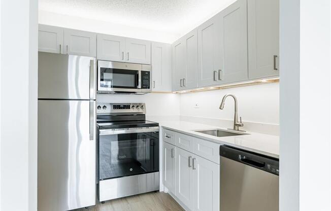 A modern kitchen with white cabinets and stainless steel appliances.