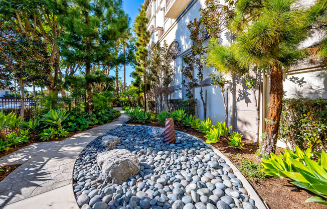 a walkway with rocks and trees in front of a building