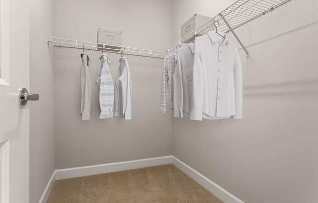 A white closet with clothes hanging on a wire rack.