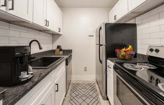 A black and white kitchen with a black fridge, black stove, and black countertops.