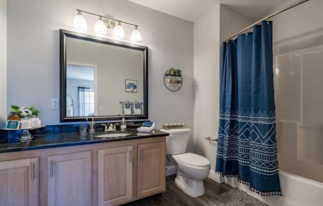 a bathroom with a blue shower curtain and a toilet