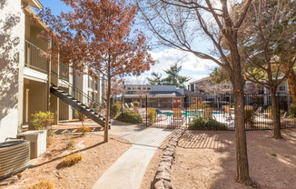 A courtyard with a fence, a tree, and a building in the background.