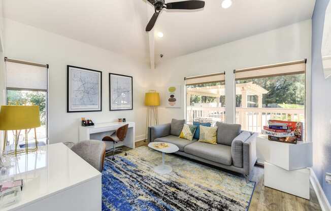 a living room with a gray couch and a blue rug at Renaissance Park Apartments, Davis, CA