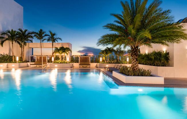 Twilight elegance awaits at Modera Riverside’s rooftop pool, where palm-lined waters meet the glow of the Miami skyline.