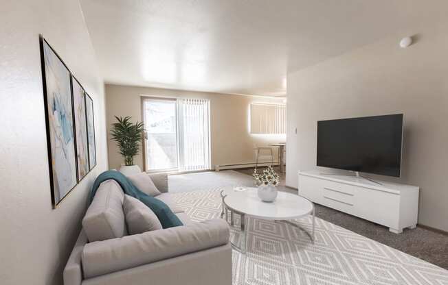 Grand Forks, ND Cherry Creek Apartments a living room with a couch and a coffee table in front of a flat screen tv with a sliding glass door in the background