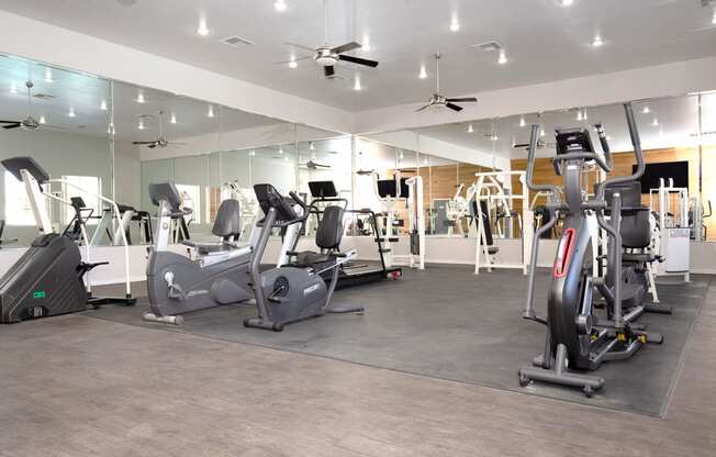 a large fitness room with treadmills and ellipticals