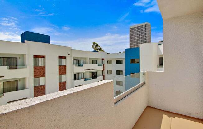 a view of a building from a balcony  at Masselin Park West, Los Angeles, California