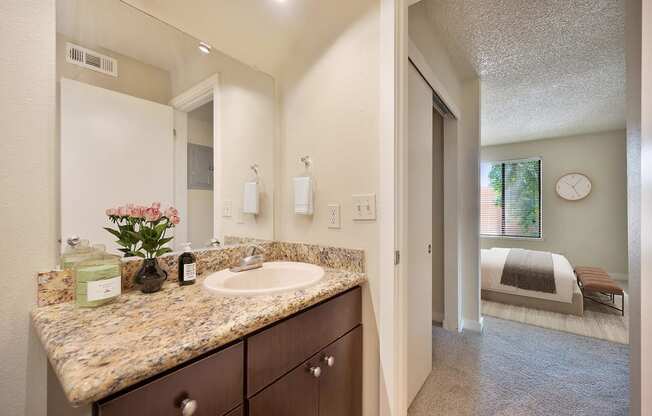 a bathroom with a sink and a mirror