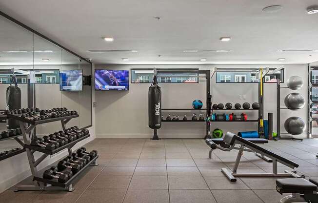 A gym with a variety of equipment including dumbbells, weight plates, and a bench press.