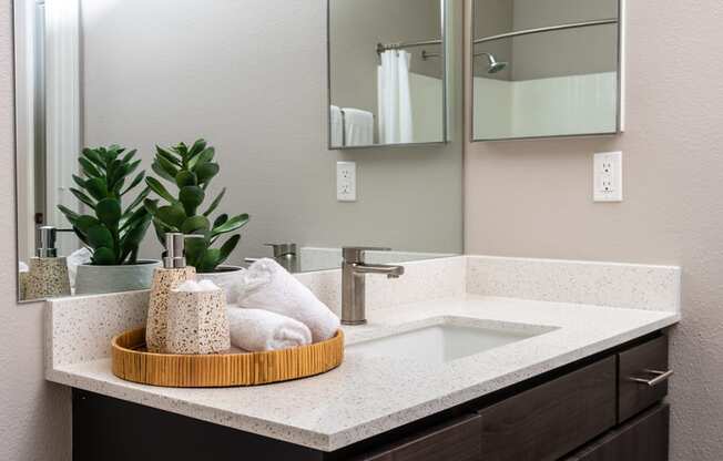 a bathroom with a sink and a mirror