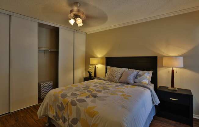 guest bedroom with flower comforter