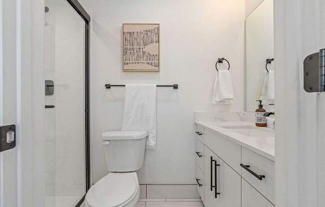 a white bathroom with a toilet, a sink, and a shower