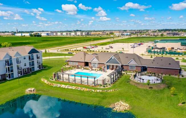 Aerial View of Community Building and Recreation Areas at The Reserve at Destination Pointe, Grimes, IA, 50111