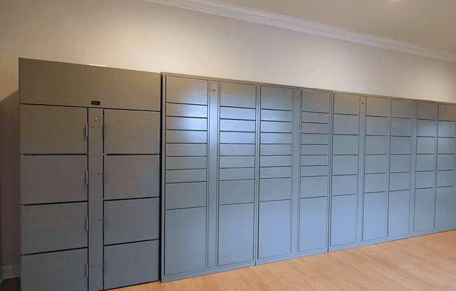 A wall of grey lockers in a room.