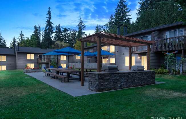 Twilight View of Patio at North Creek Apartments, Washington, 98208