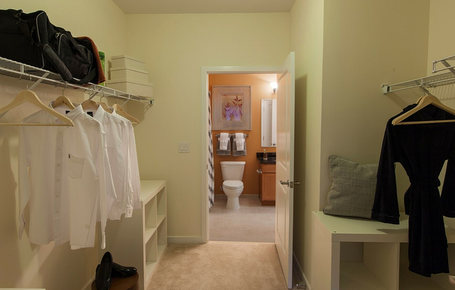 Spacious Walk-In Closet Leading to a Modern Ensuite Bathroom.