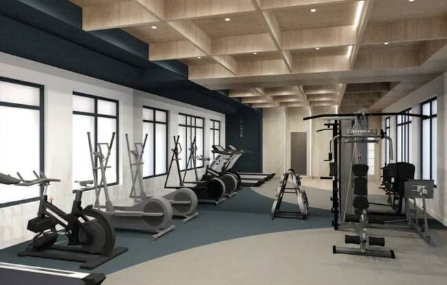 a gym with a lot of equipment and windows
