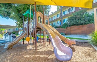 a playground with slides and a swing set
