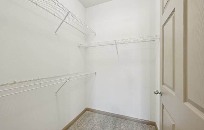 A white closet with a carpeted floor and a door on the right.