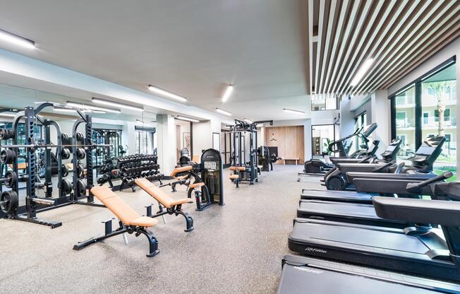 This expansive fitness center is fully equipped for strength training, cardio, and everything in between—all just steps from your front door.