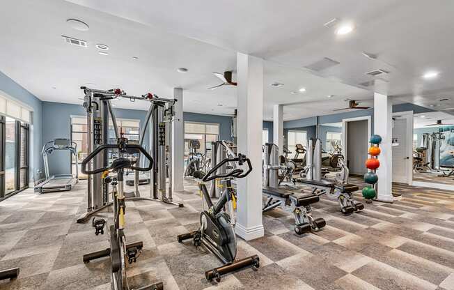 A spacious gym with a variety of equipment including treadmills, elliptical machines, and weight machines.