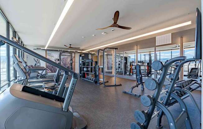 A gym with treadmills, weights, and exercise equipment.