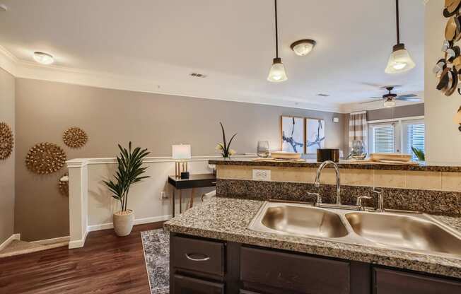 a kitchen with a sink and a counter top