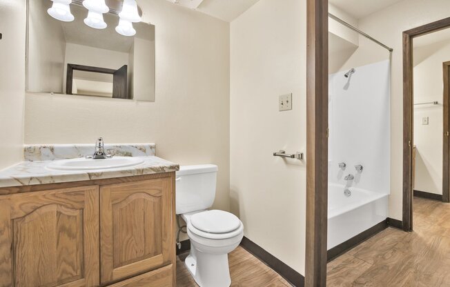 A bathroom with a toilet, sink, and mirror.