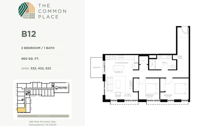 2 beds, 1 bath, 958 sqft, $1,950, Unit 322