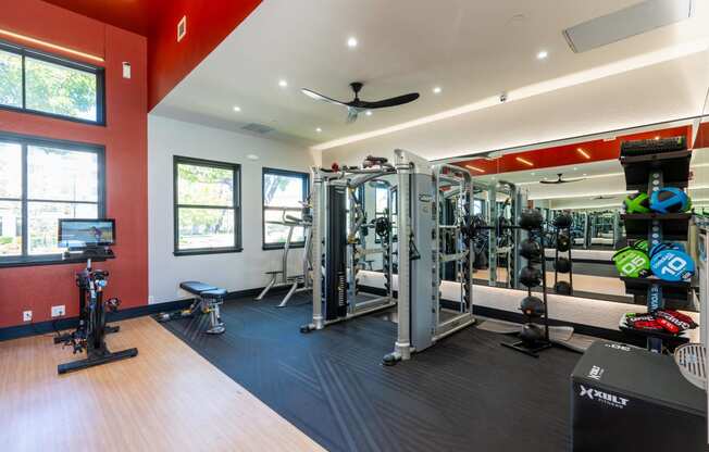 a gym with weights and cardio machines and a ceiling fan