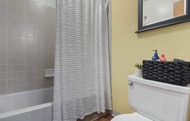 a bathroom with a shower curtain and a toilet