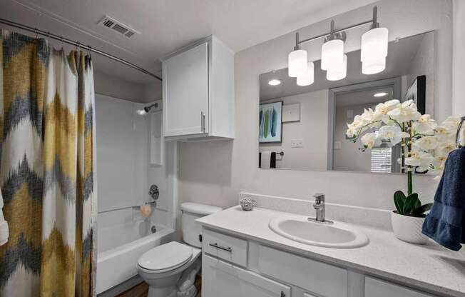 A bathroom with a white toilet, sink, and a mirror.