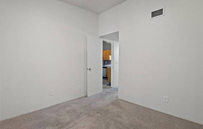 A room with a carpeted floor and a doorway leading to another room.