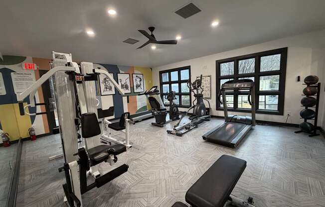 Modern fitness center in Raleigh, NC at Remington Place Apartments with strength training equipment