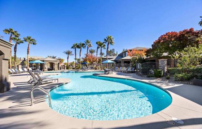 A large swimming pool surrounded by palm trees and lounge chairs.