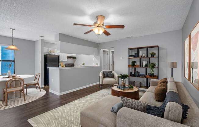 Spacious Living Area with Ceiling Fan