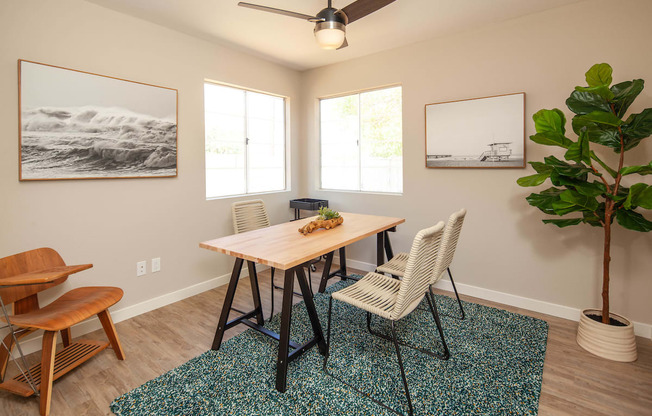 Dining area with windows at Driftwood, San Diego, California