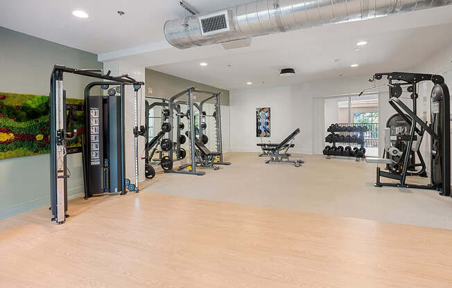 A gym with a variety of equipment including treadmills, weights, and exercise machines.