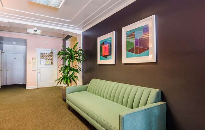 Bold colors in the lobby of Ongford Apartments