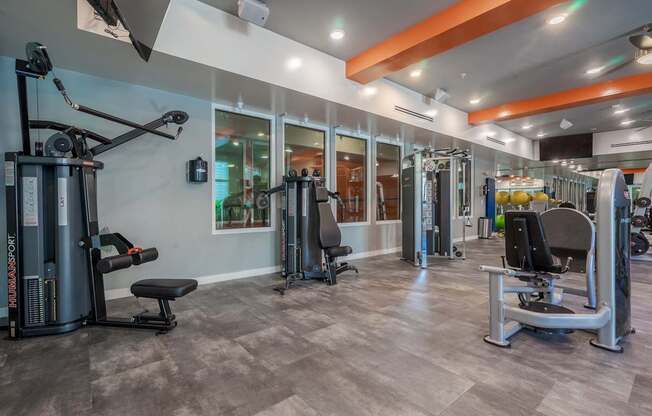 A gym with a variety of equipment including treadmills, weights, and exercise machines.