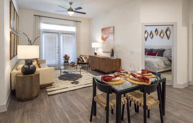 model apartment living room and dining area