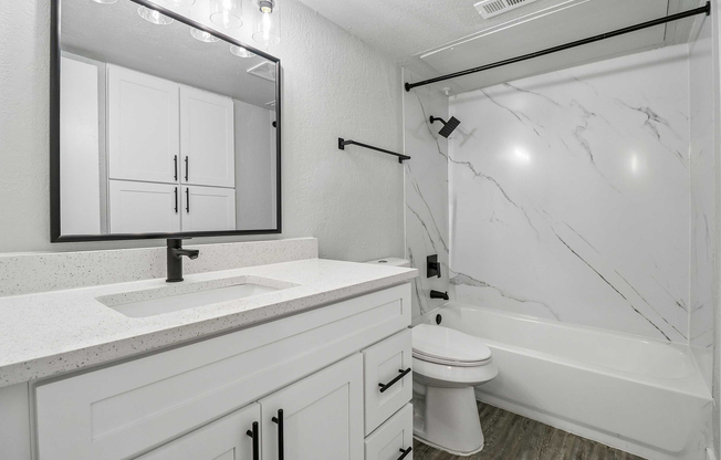 Updated lights, matte black hardware, and new cabinets with granite countertops