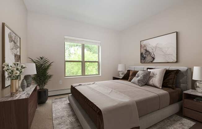 Eagan, MN Glen Pond Addition Apartments. A bedroom with a large bed and a large window